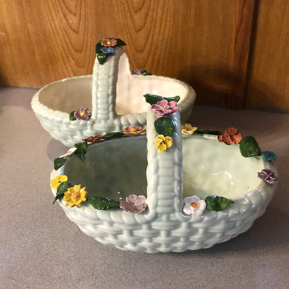 2 vintage ceramic flower baskets